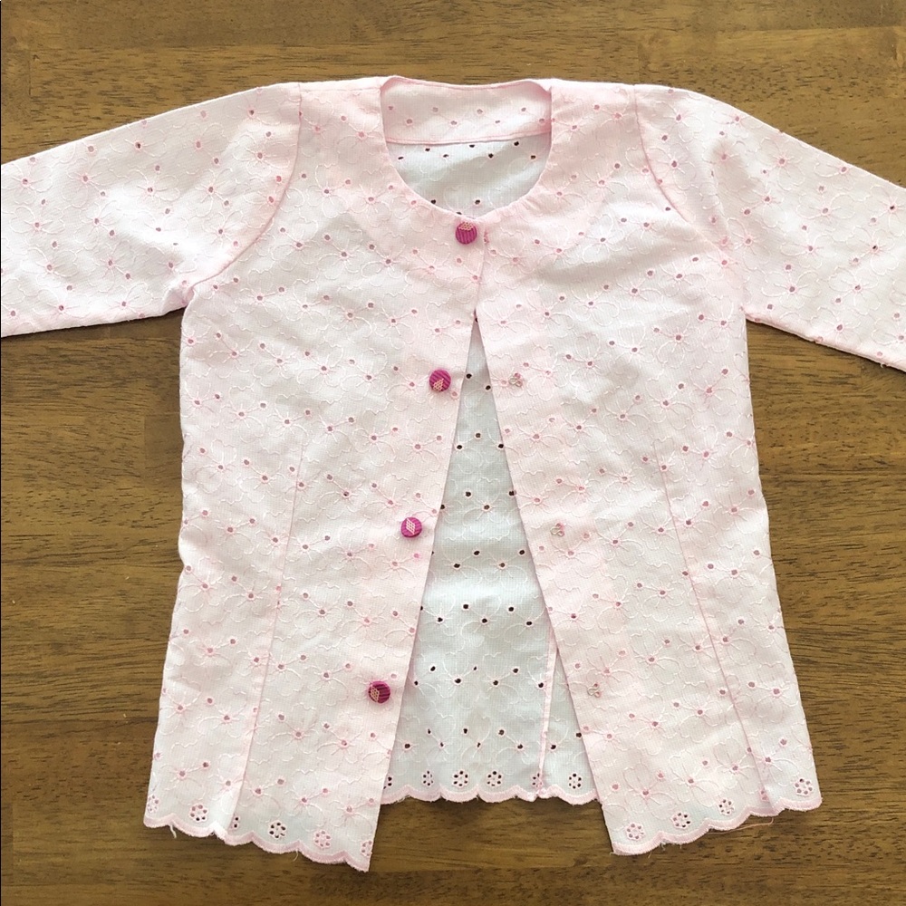 Pink Eyelet Cardigan with Scalloped Edges Floral Accents